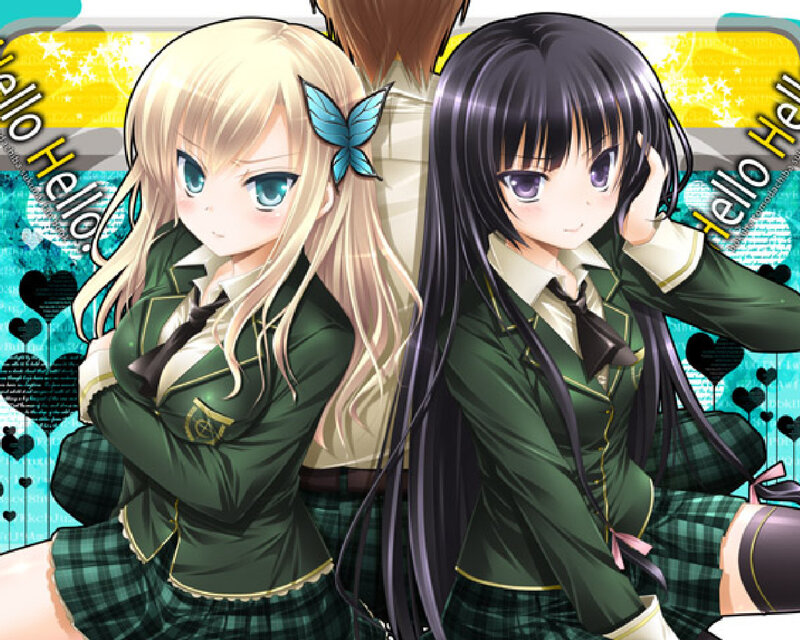 Two Anime Girls in Uniforms — Green, Playful