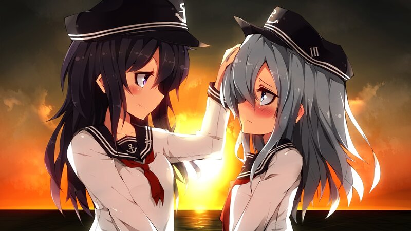 Two Anime Girls in Uniforms — Orange, Dramatic, Sunset