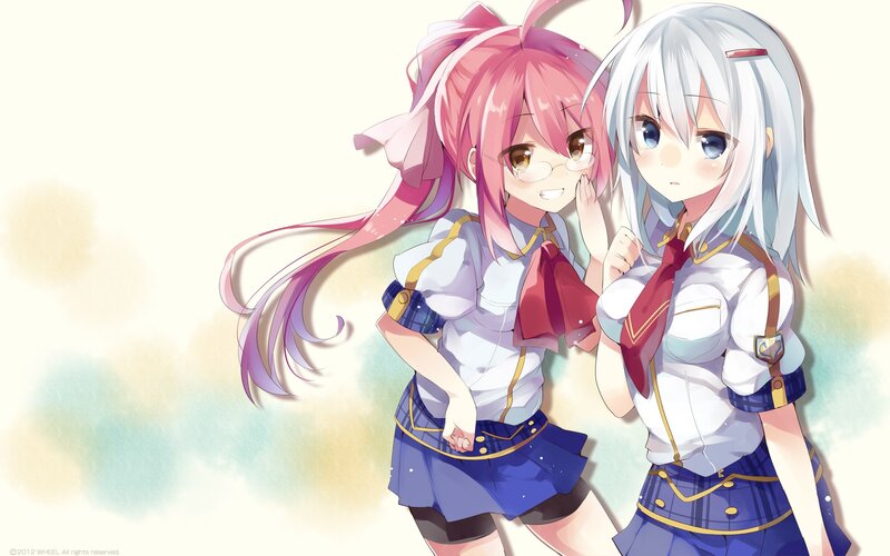 Two Anime Girls in Uniforms — Pink, Cheerful, School Uniform, Glasses
