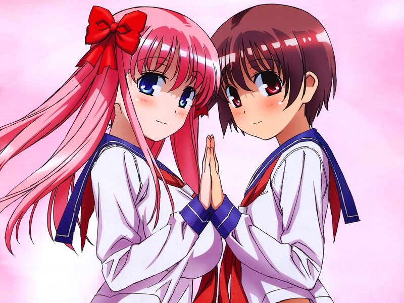 Two Anime Girls in Uniforms — Pink, Cheerful