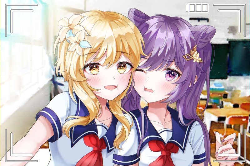 Two Anime Girls in Uniforms — Purple, Cheerful, Afternoon
