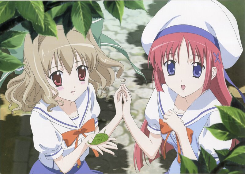 Two Anime Girls in Uniforms — White, Calm, Afternoon, School Uniform, Leaf, Trees