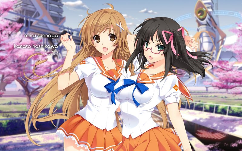 Two Anime Girls in Uniforms — White, Cheerful, Spring