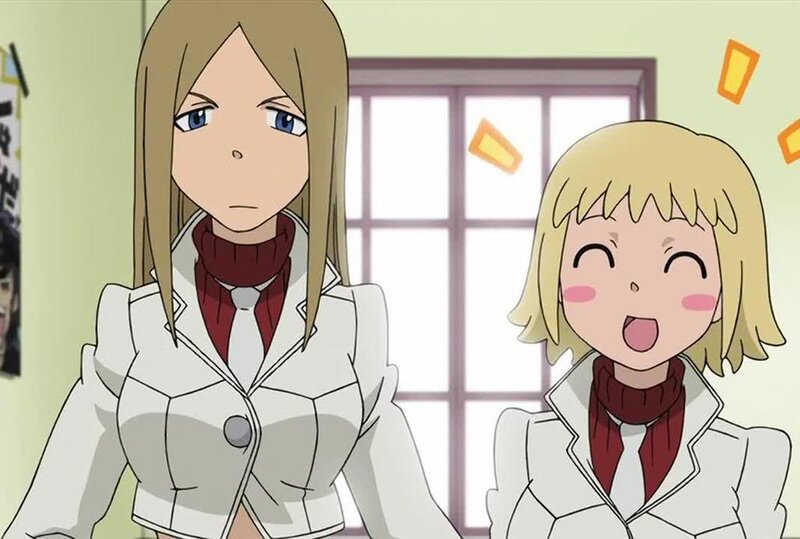 Two Anime Girls in Uniforms — White, Cheerful