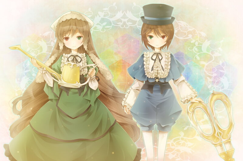 Two anime girls in vintage outfits