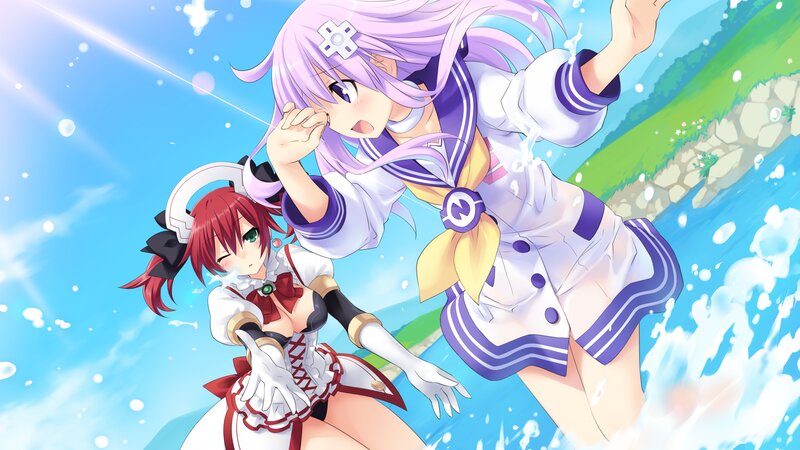 Two Anime Girls in Water — Blue, Playful, Afternoon, Splashes, Sky