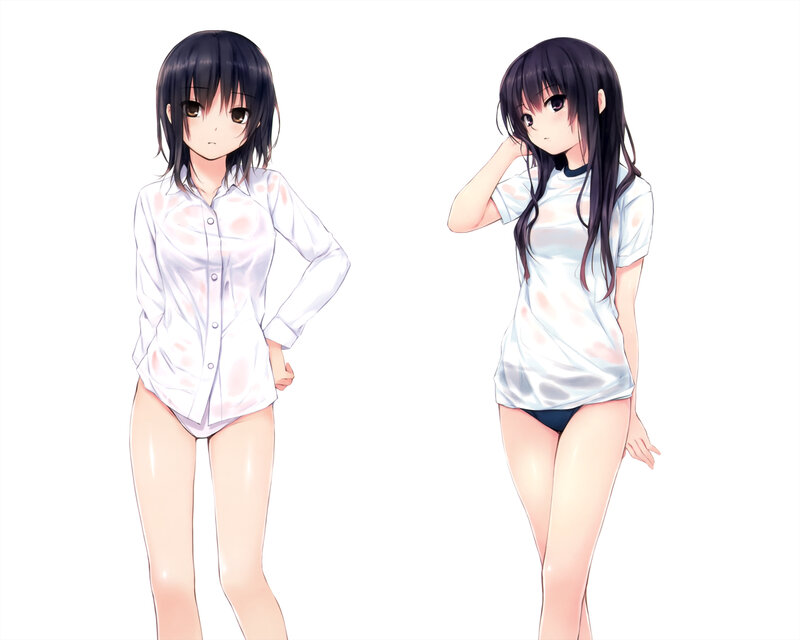 Two anime girls in wet shirts