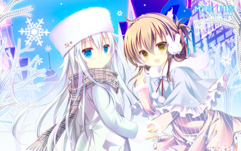 Two Anime Girls in Winter — Blue, Festive, Snowflakes