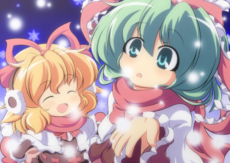 Two Anime Girls in Winter — Green, Festive, Snowflakes