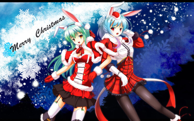 Two Anime Girls in Winter Outfits — Blue, Festive