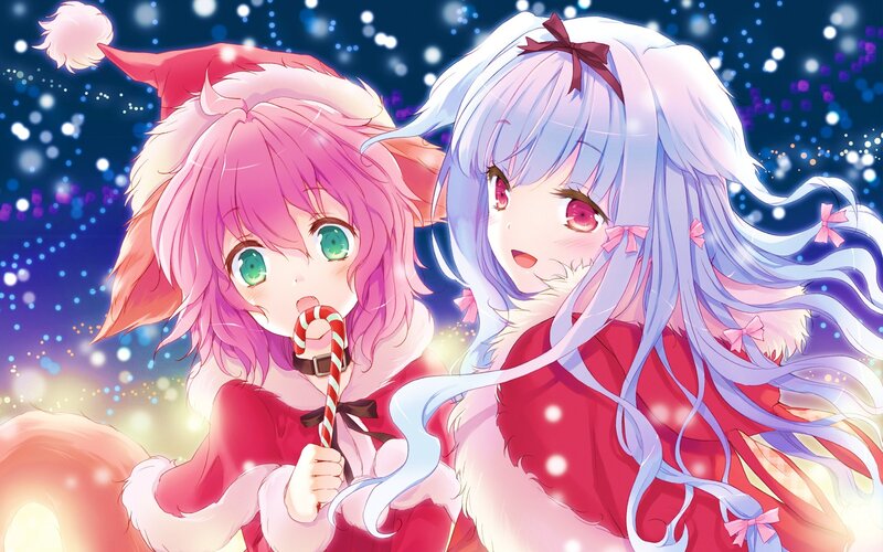 Two Anime Girls in Winter — Red, Festive, Candy Cane