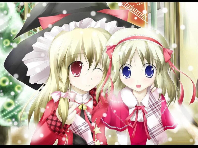 Two Anime Girls in Winter — Red, Festive, Christmas Tree, Snow