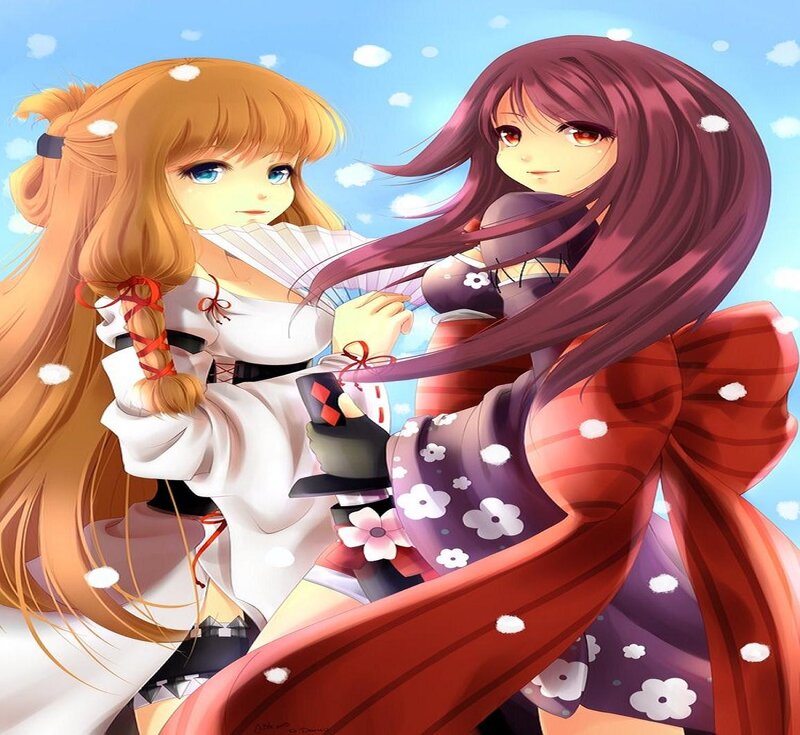 Two Anime Girls in Winter — Red, Playful