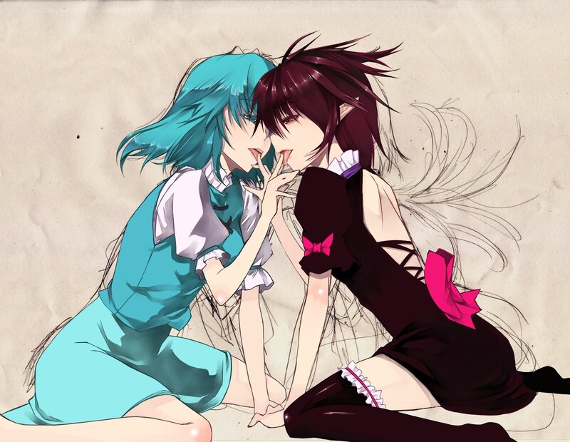 two anime girls kissing