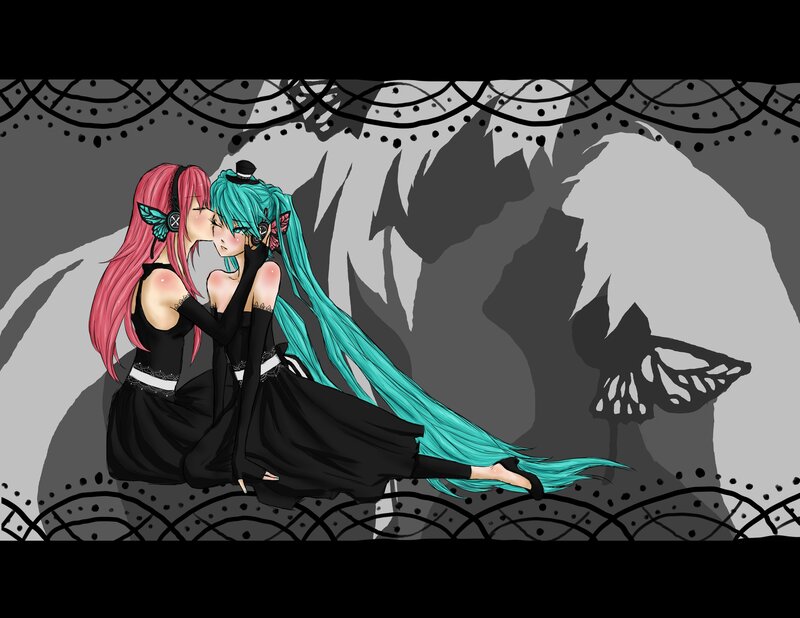 Two Anime Girls Kissing — Black