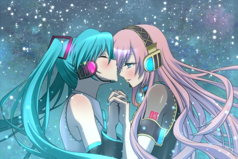Two Anime Girls Kissing — Blue, Romantic