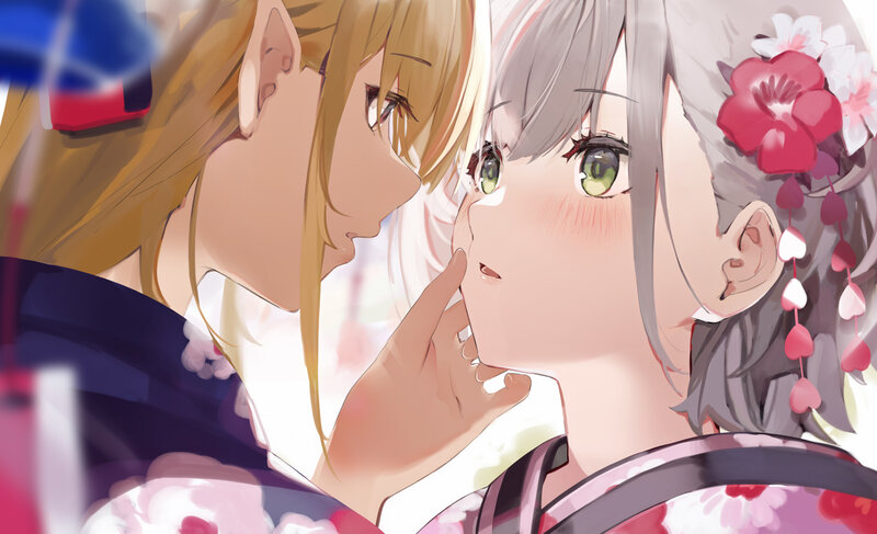 Two Anime Girls Kissing — Pink, Intimate, Kimono