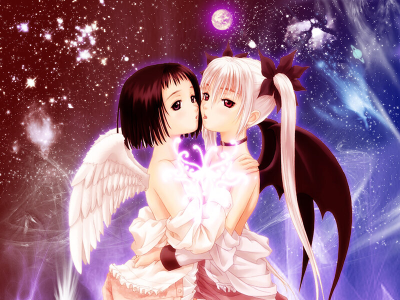 Two Anime Girls Kissing — Purple, Romantic, Night