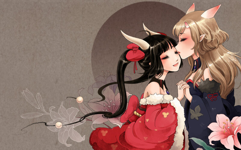 Two Anime Girls Kissing — Red