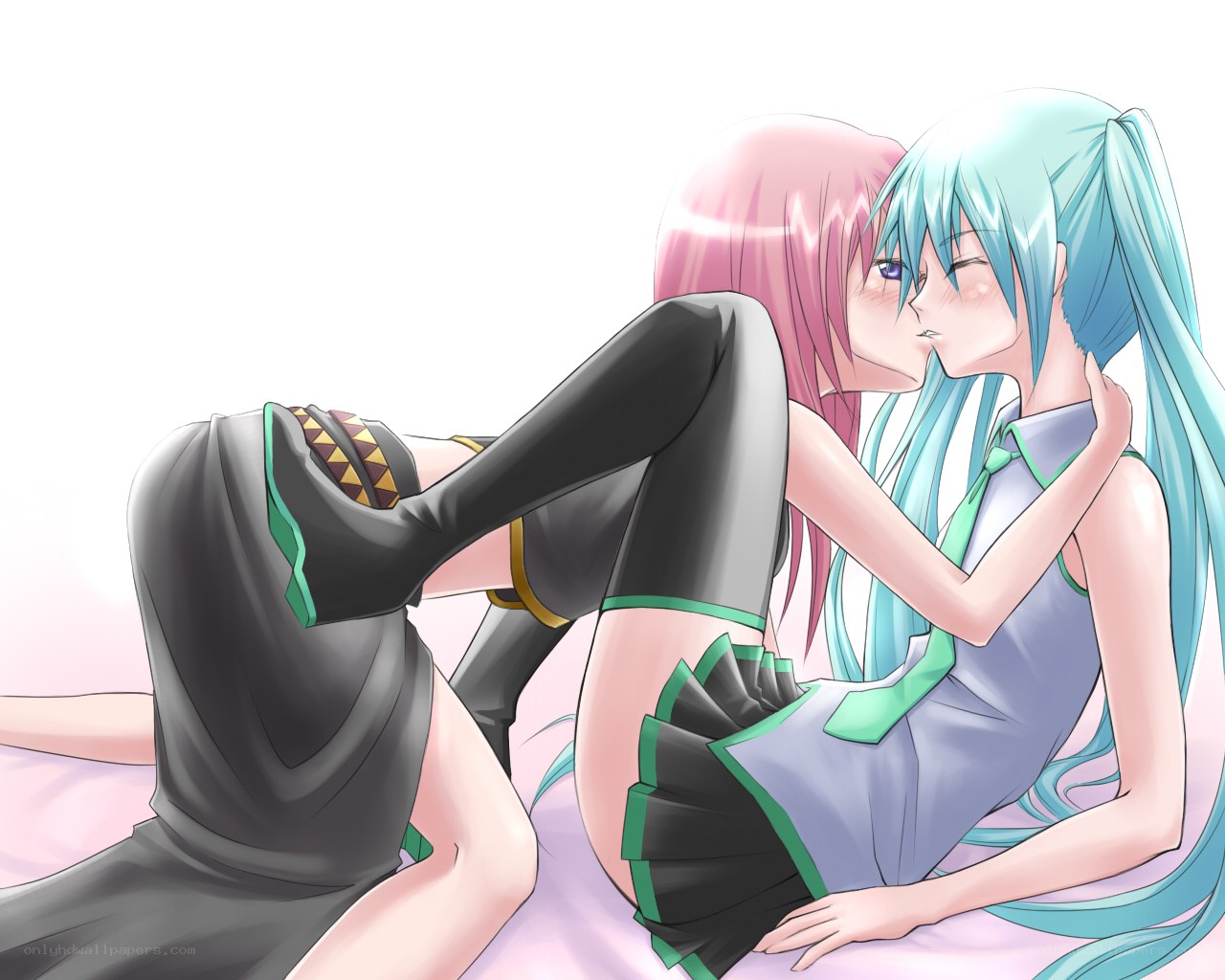 two anime girls kissing