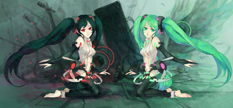 Two Anime Girls Kneeling — Green, Dramatic