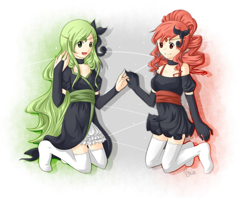 Two Anime Girls Kneeling — Green, Playful