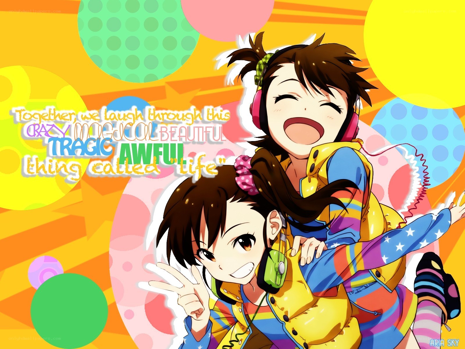 Two anime girls laughing together