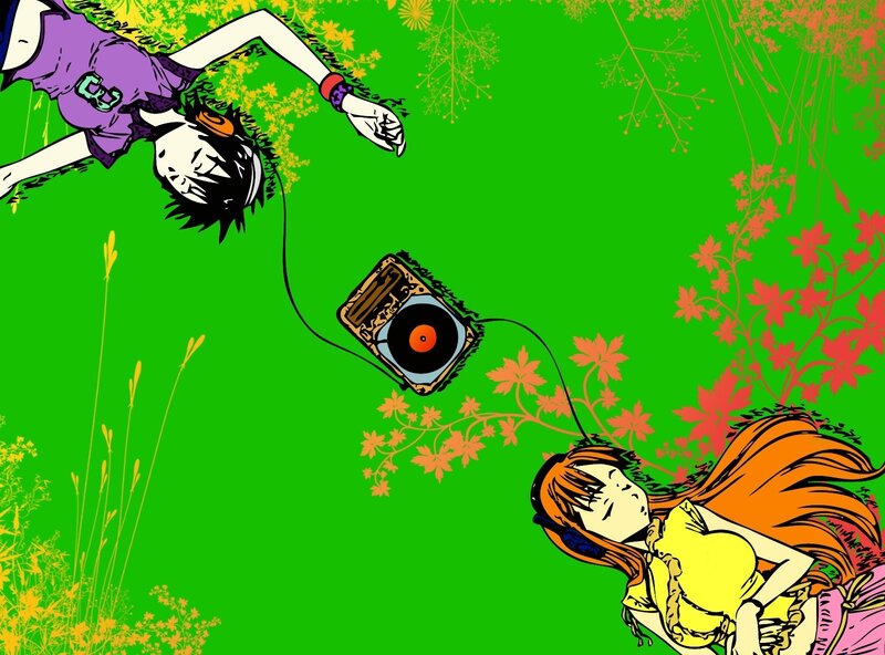 Two Anime Girls Listening to Music — Green