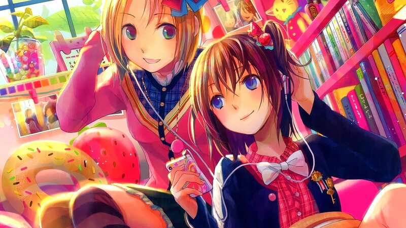 Two Anime Girls Listening to Music — Pink