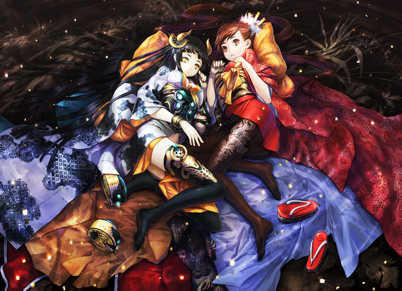 Two Anime Girls Lying — Black, Dramatic, Night
