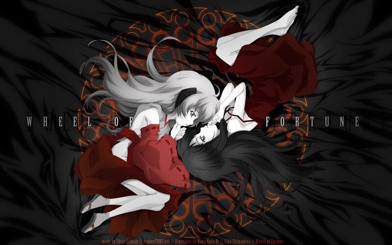 Two Anime Girls Lying — Black, Dramatic, Red Dress