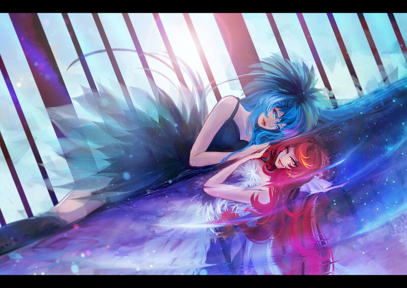 Two Anime Girls Lying — Blue, Dreamy, Digital Art, Long Hair