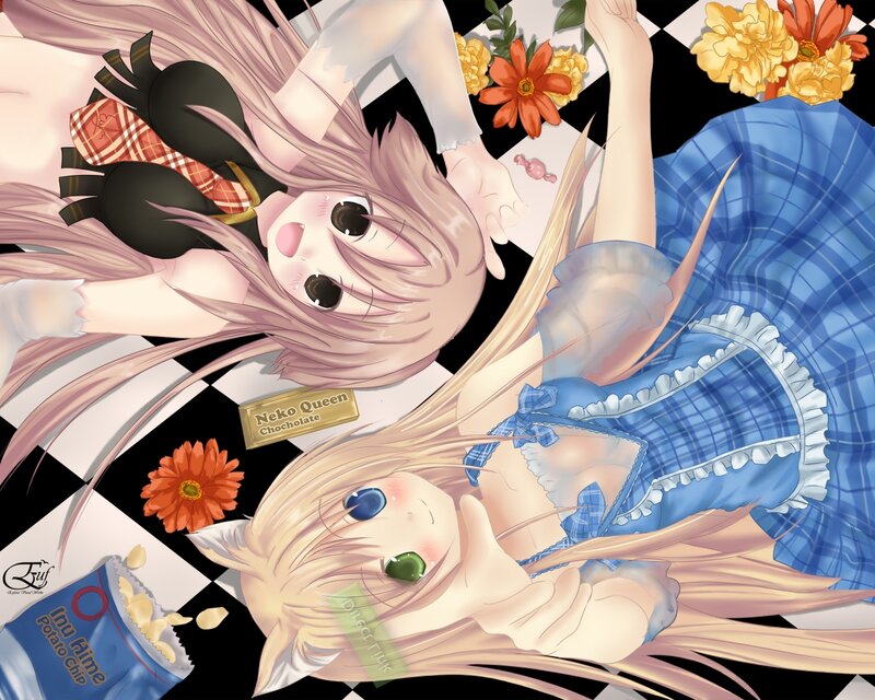 Two Anime Girls Lying — Blue, Playful, Flowers