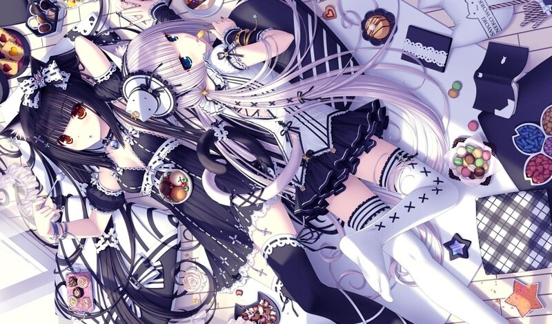 Two Anime Girls Lying Down — Black, Calm, Digital Art
