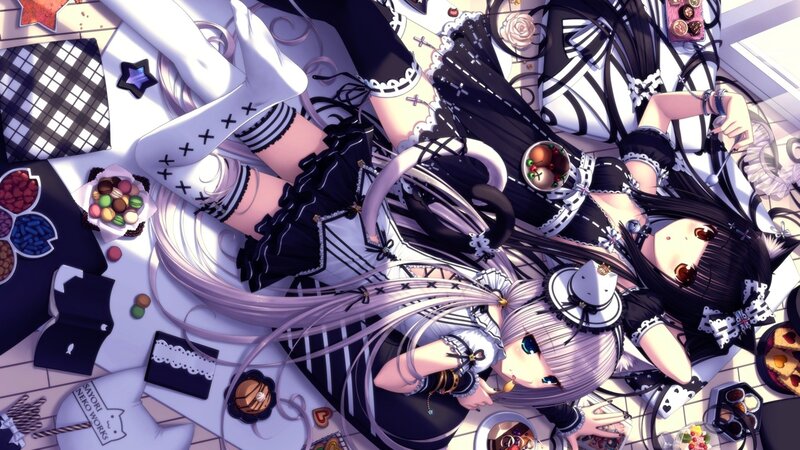 Two Anime Girls Lying Down — Black, Playful, Candy
