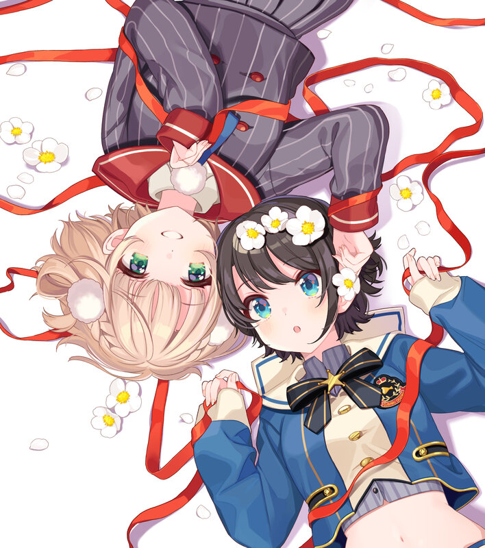 Two Anime Girls Lying Down — Blue, Playful, Flowers