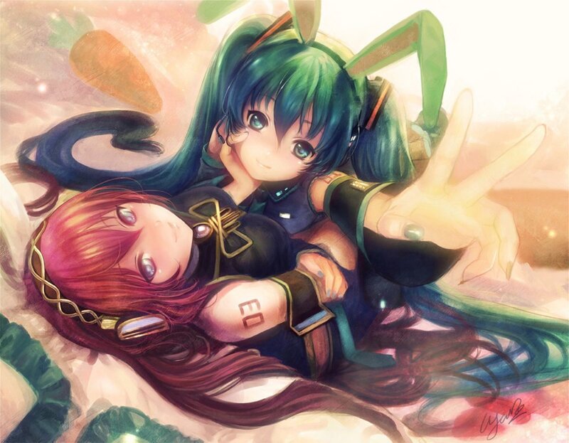 Two Anime Girls Lying Down — Green, Calm