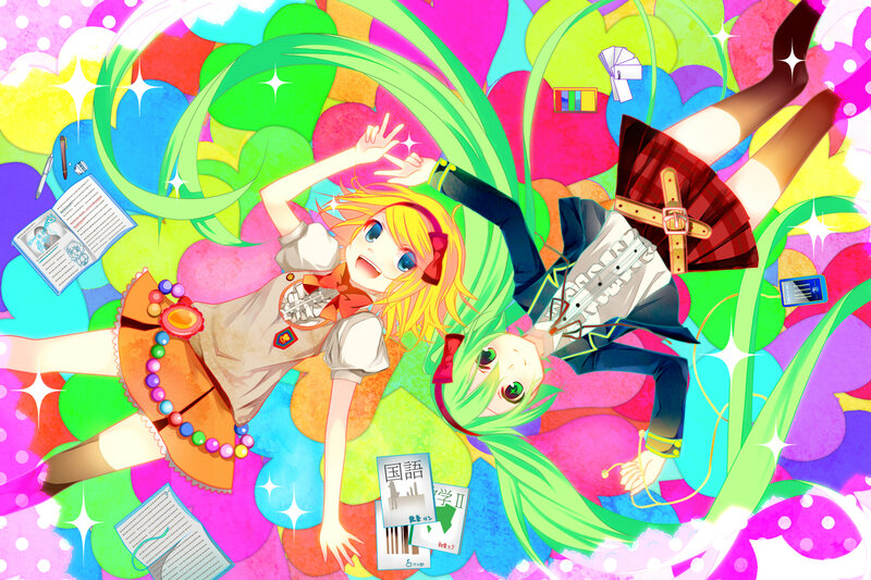 Two Anime Girls Lying Down — Pink, Playful, School Books