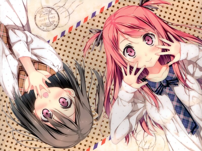 Two Anime Girls Lying Down — Pink, Playful, School Uniform