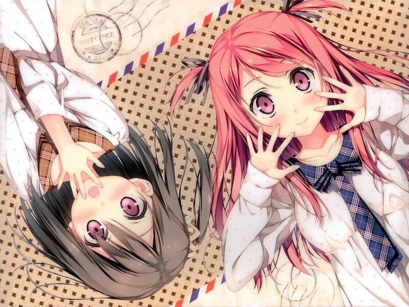 Two Anime Girls Lying Down — Pink, Playful, School Uniforms