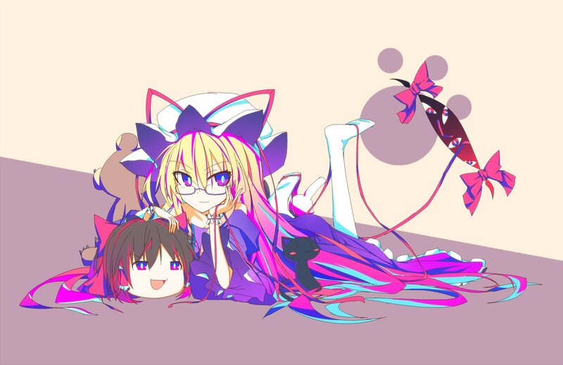 Two Anime Girls Lying Down — Purple, Playful, Cat