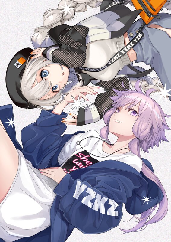 Two Anime Girls Lying Down — Purple, Playful