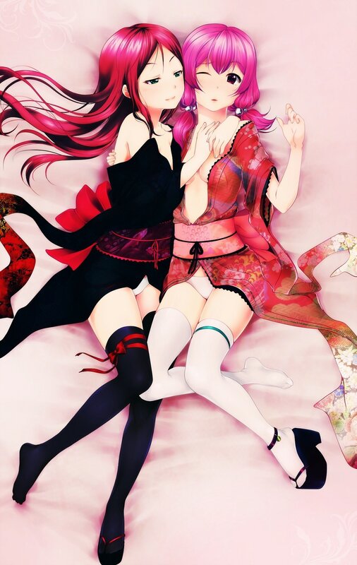 Two Anime Girls Lying — Pink, Calm, Long Hair, Kimonos