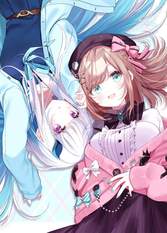 Two Anime Girls Lying — Pink, Playful, Blue Hair
