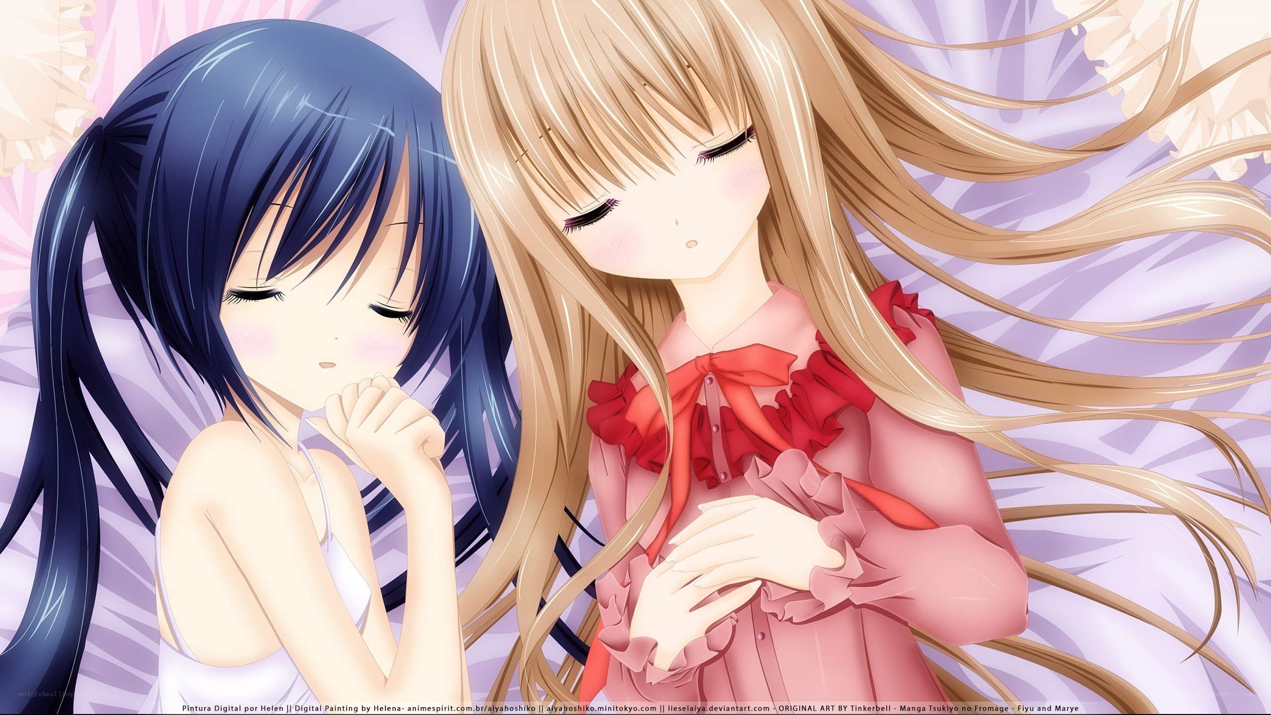 Two anime girls lying together