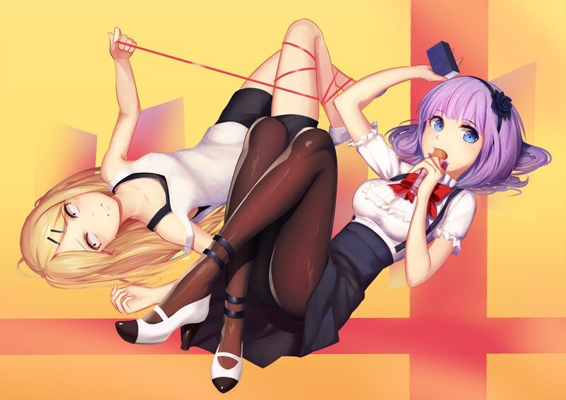 Two Anime Girls Lying — Yellow, Playful, Digital Art