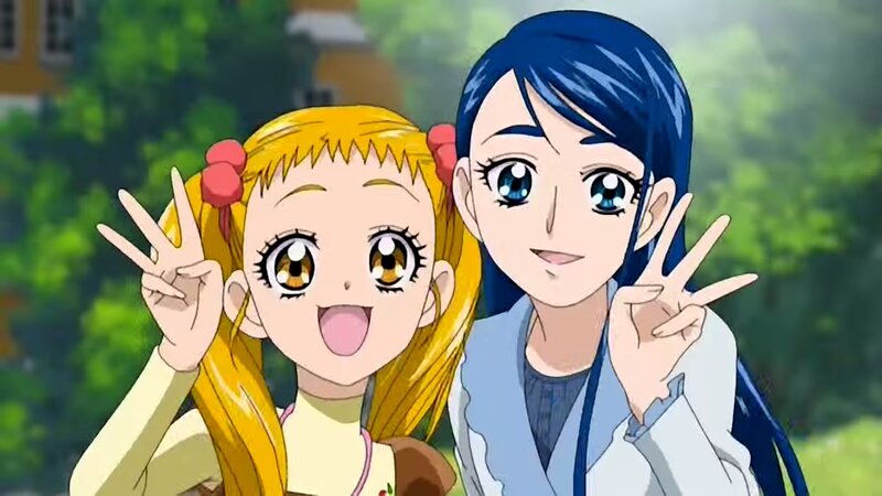 Two Anime Girls Making Peace Signs — Blue