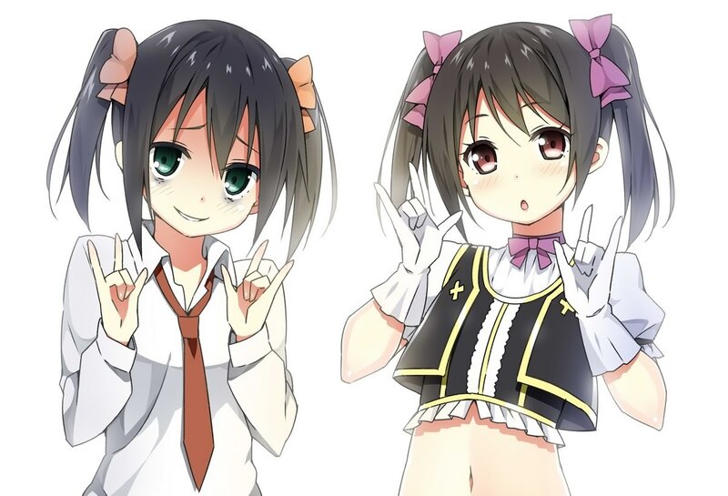 Two anime girls making rock gestures