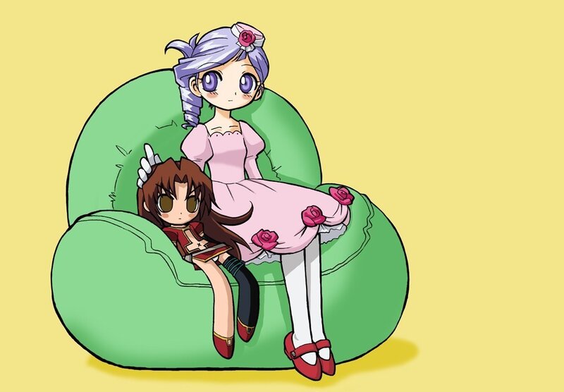 Two anime girls on a beanbag