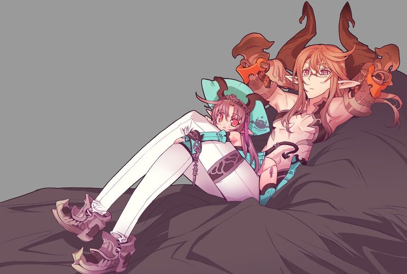 two anime girls on a bed